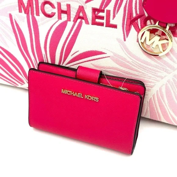 Michael Kors Medium Mirella Tote Bag & Medium Bifold Zip Chain Wallet Pink/Gold